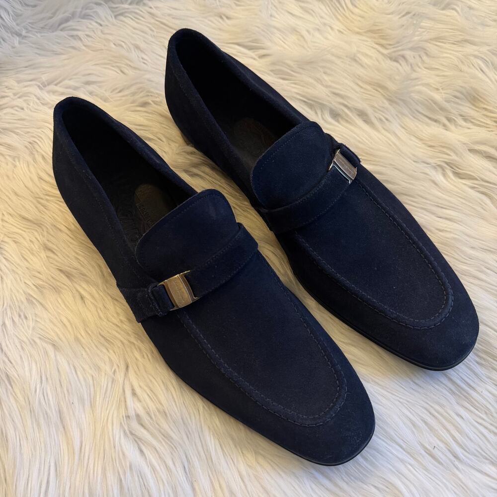 FERRAGAMO Suede Loafers Side Buckle Logo Slip On Smoking Slippers Shoes Blue